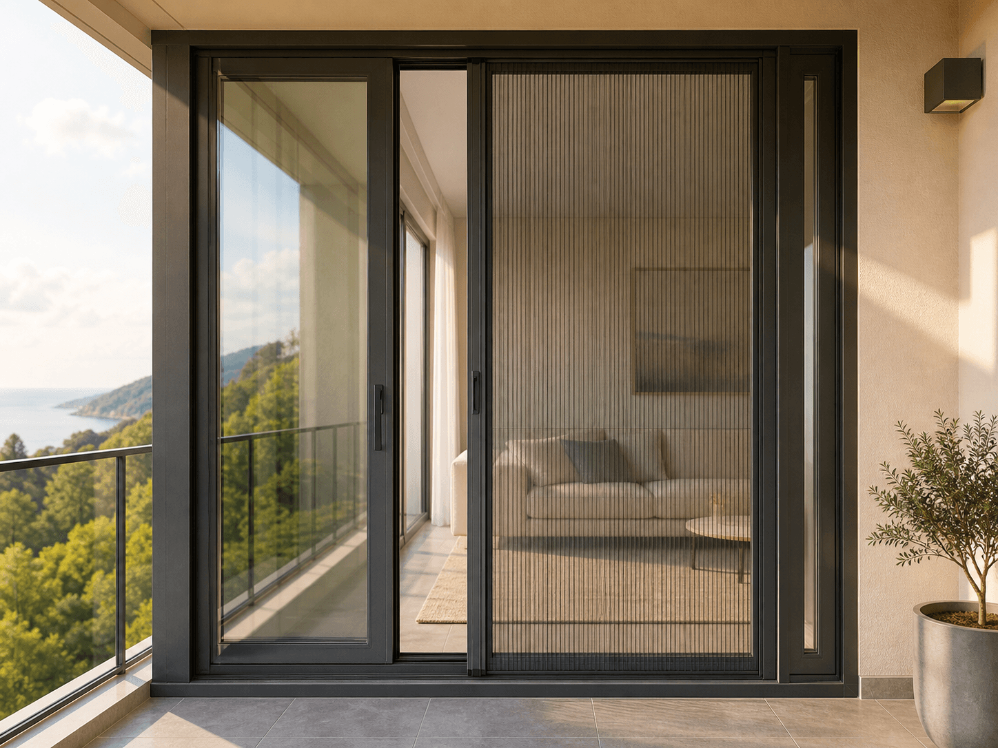 Gerze'de balkon kapısına uygulanan plise sineklik sistemi